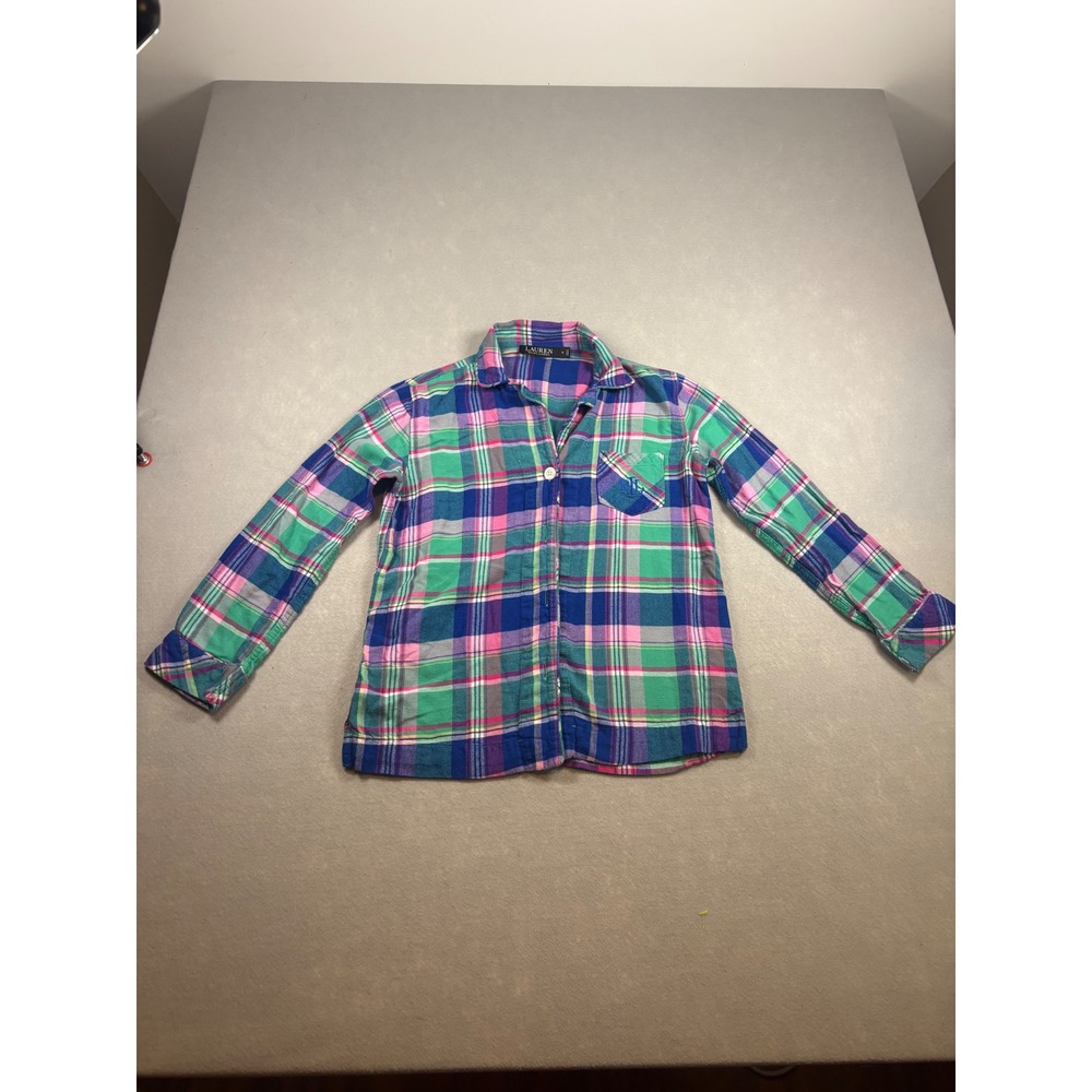 Lauren Ralph Lauren Womens Plaid Flannel Pajama Top Pink Green Blue Size S